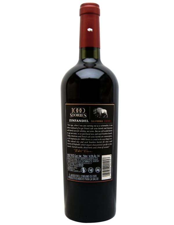 Reverso de la botella de vino tinto 1000 Stories Zinfandel