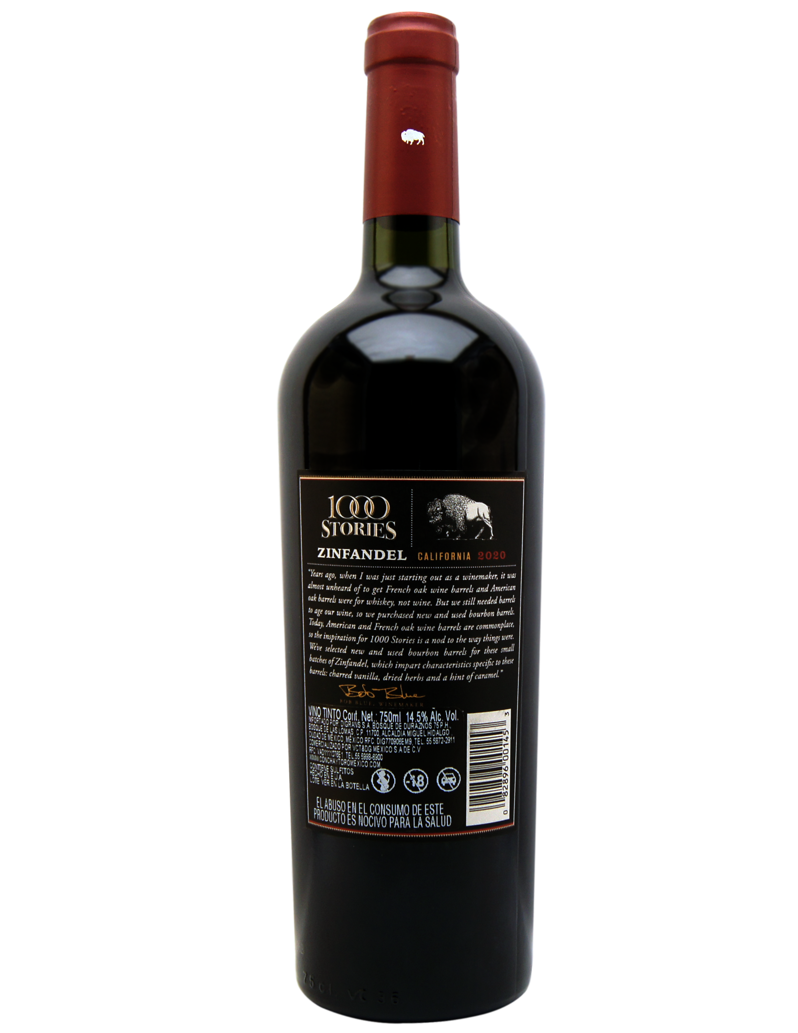 Reverso de la botella de vino tinto 1000 Stories Zinfandel